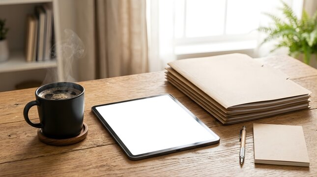 Empty digital tablet screen and hot coffee cup on wooden office desk