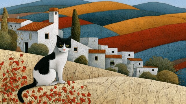 Black and white cat sits in landscape with houses and hills during autumn season