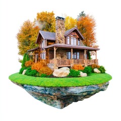 Obraz premium Floating rustic cabin with autumn trees and greenery.