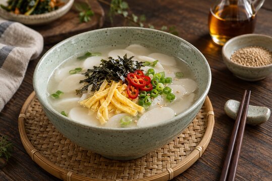 Korean rice cake soup with egg and seaweed