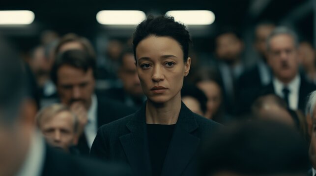 Person stands among a crowd of people in dark clothing at a somber event taking place indoors