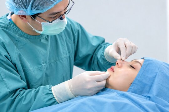 Plastic surgeon examining woman before nose surgery