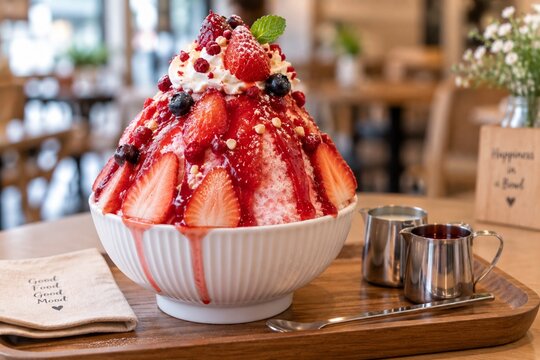 Strawberry shaved ice dessert with berries and cream