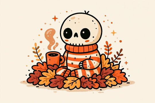 A cute skeleton wearing striped pajamas sits in a pile of autumn leaves, holding a steaming cup of coffee.