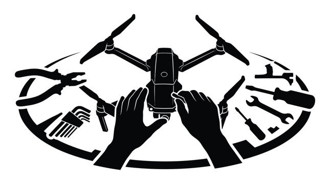 Drone repair with tools a black silhouette on a white background