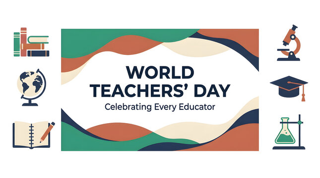 World teachers day poster design with educational icons and colorful abstract shapes