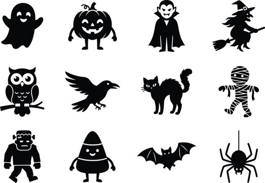 Halloween character silhouettes depict spooky creatures and festive symbols