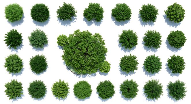 Set of green trees and bushes seen from above for landscape design