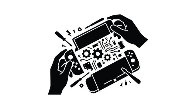 Hands disassembling a handheld game console black silhouette on white background