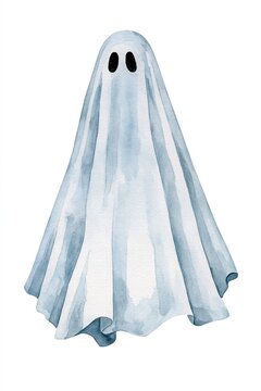 A watercolor illustration depicting a ghost dressed in a classic sheet costume with two eye holes, set against a white background, symbolizing Halloween.