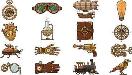 Steampunk Vintage Icon Set Featuring Pocket Watch, Goggles, Airship, Lightbulb, Compass, Mechanical Heart, Ray Gun, Gears, Train, and Mechanical Bird © Md Julfikar