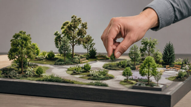 Hand Places the Final Shrub in a Miniature Garden Model