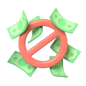 3d render of red prohibition sign surrounded by falling green paper currency bills isolated on finance wealth restriction ban concept financial loss stop.3d render