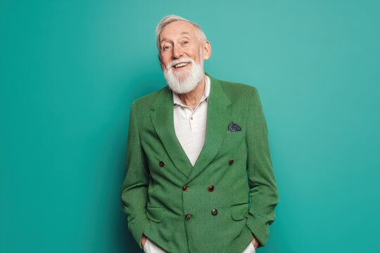 Portrait of an older man smiling in a bright green blazer on solid blue background