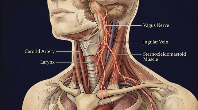 Medical illustration of human neck anatomy featuring the vagus nerve, jugular vein, carotid artery, and laryngeal structures on a dark background