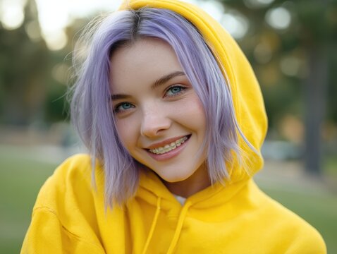 Portrait of young woman with lavender hair in bright yellow hoodie outdoors