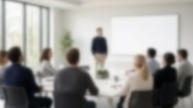 Presenter addressing seated colleagues beside a bright screen wall, Full Gaussian Blur Abstract
