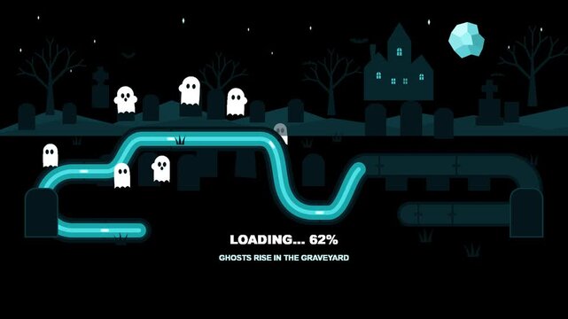Halloween loading bar animation with rising cute ghosts in graveyard scene