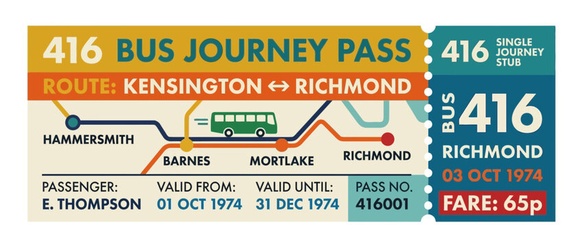 Retro 416 Bus Journey Pass Ticket, Kensington to Richmond Route