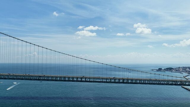 Aerial drone footage of Akashi Kaikyo Bridge over the strait in Awaji, Hyogo, Japan