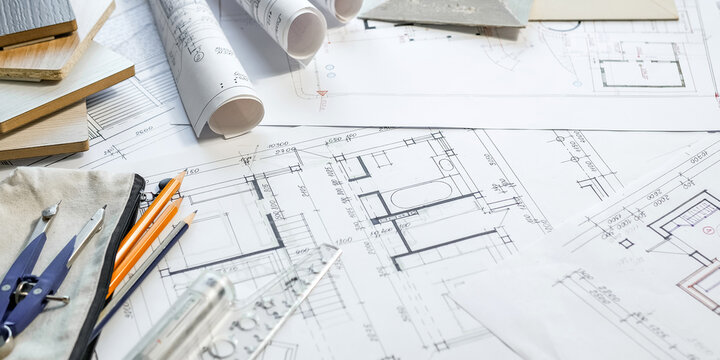 Architectural plans with color palette and fabric samples for eco-friendly interior design, showcasing sustainable architecture, organic materials and biophilic renovation ideas.