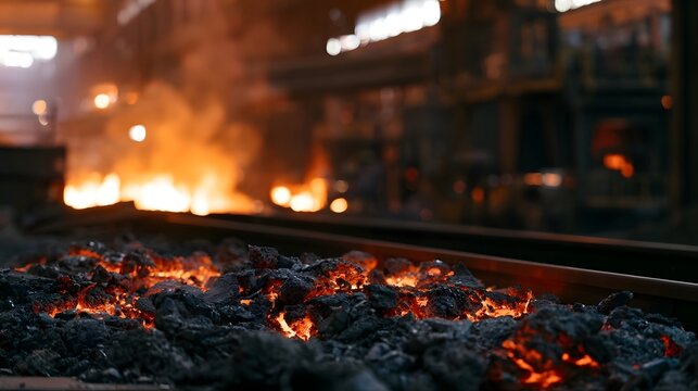 Hot glowing coal fragments rest on a metal rail in a fiery industrial furnace environment with smoke and flames in the background