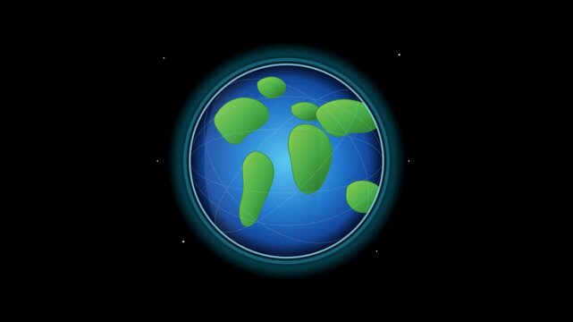 Animated vector representation of earth sphere spinning slowly in space with grid lines and glowing elements.