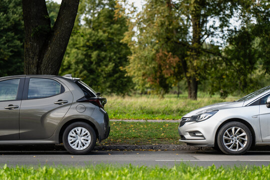 Two passenger cars are parked in line beside a curb and planted roadside grounds, illustrating parallel street parking and allocation of urban vehicle storage space