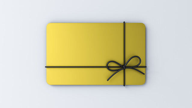 Blank gold gift business credit card or gold gift voucher with black rope ribbon bow isolated on white grey background with shadow minimal concept 3D rendering