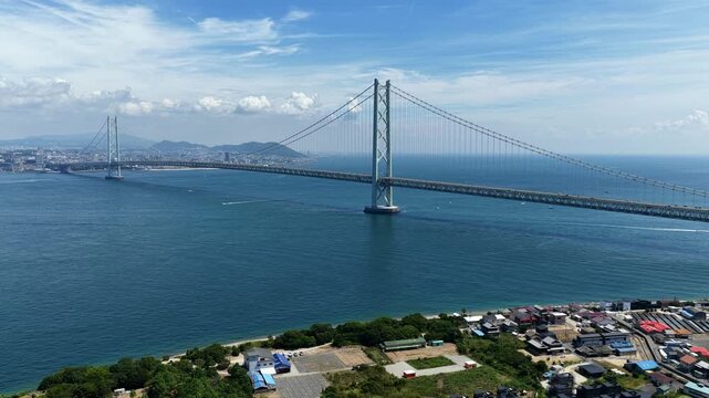 Aerial drone footage of Akashi Kaikyo Bridge over the strait in Awaji, Hyogo, Japan