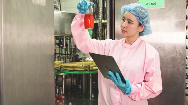 Female factory worker in protective clothing examining liquid sample in glass bottle while recording data for quality control in production facility