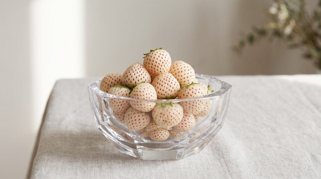 1. Main Subject
Fresh white pineberries (white strawberries) filling a clear glass bowl.