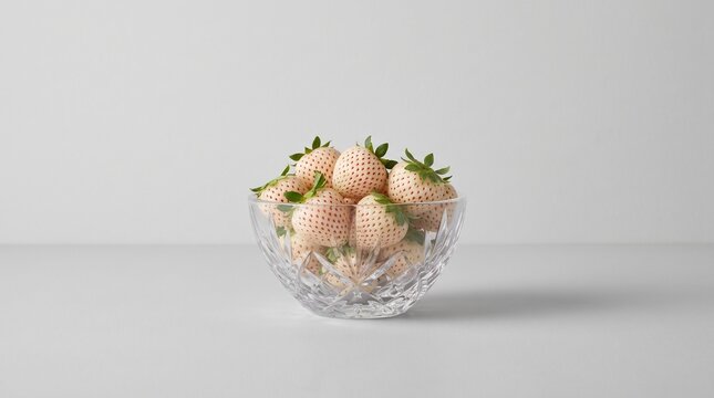 1. Main Subject
Fresh white pineberries (white strawberries) filling a clear glass bowl.