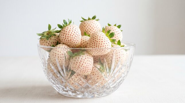 1. Main Subject
Fresh white pineberries (white strawberries) filling a clear glass bowl.