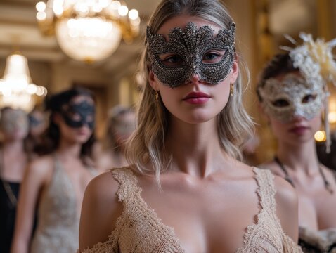 Glamorous woman wearing an ornate mask at a luxurious formal masquerade ball