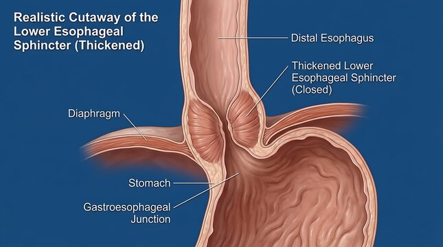 Medical illustration of a thickened lower esophageal sphincter and gastroesophageal junction in a cutaway view