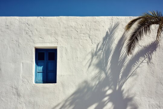 Bright white Mediterranean wall featuring blue window shutters and dramatic palm tree shadows agains