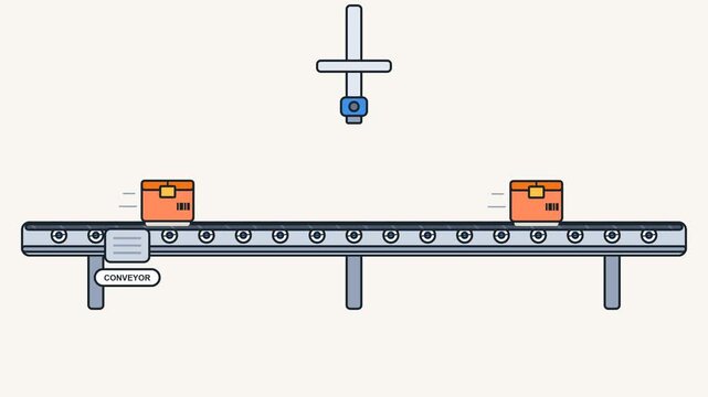 Automated Factory Conveyor Belt System with Moving Packages and Overhead Sensor Inspection Technology