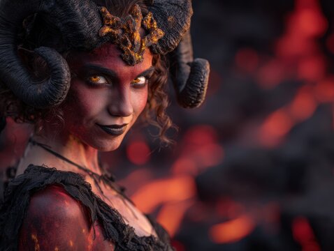 Cinematic close-up portrait of a fantasy character with horns and dramatic makeup