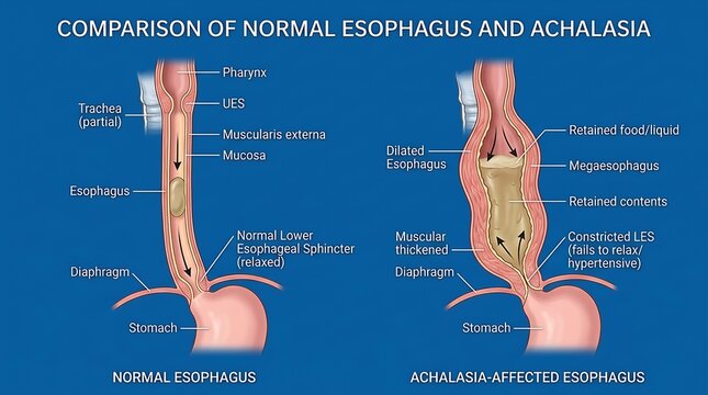Anatomical Comparison of Normal Esophagus and Achalasia Condition Illustration