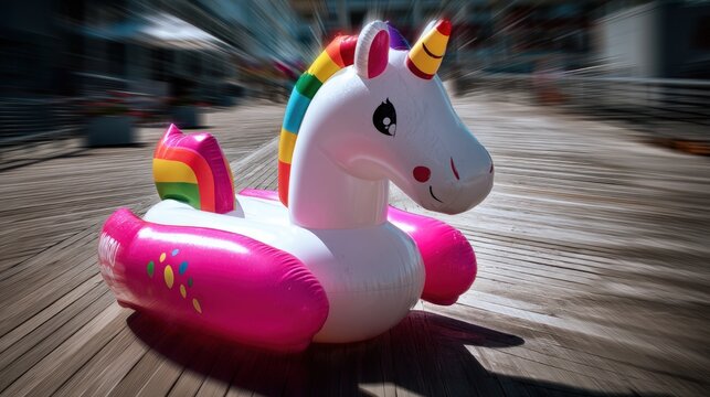 Colorful inflatable unicorn pool float on a wooden deck