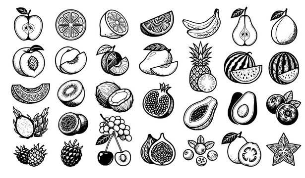 Hand drawn fruit vector set with line art tropical and fresh fruit illustrations