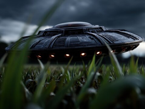 Flying saucer UFO hovering over a grassy field under dark stormy clouds