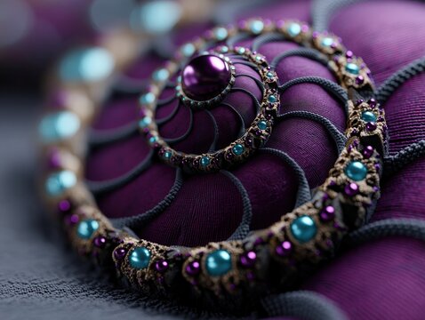 Ornate collection of turquoise and deep purple bead jewelry displayed on draped velvet fabric