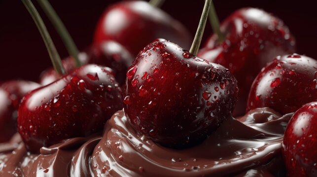 Fresh cherries arranged on rich melted chocolate sauce