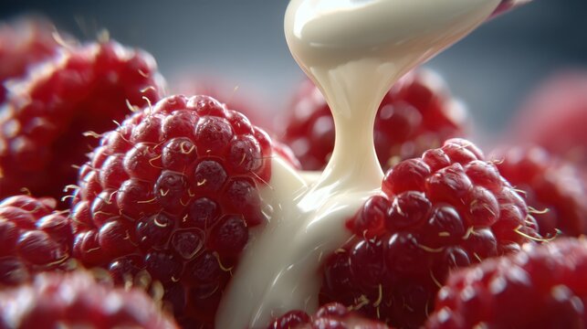 Creamy glaze pouring onto ripe raspberries
