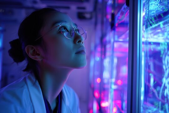 Contemplative portrait of a scientist viewing colorful technological displays