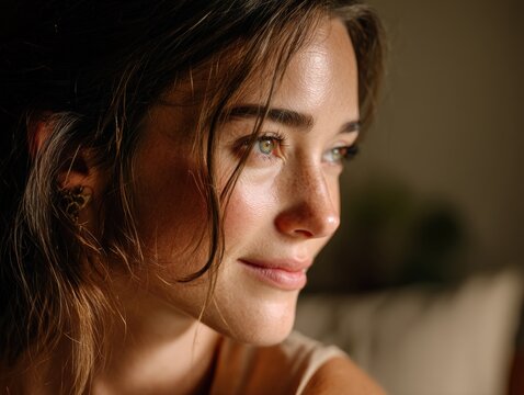 Soft natural light portrait of a beautiful young woman with flowing brown hair