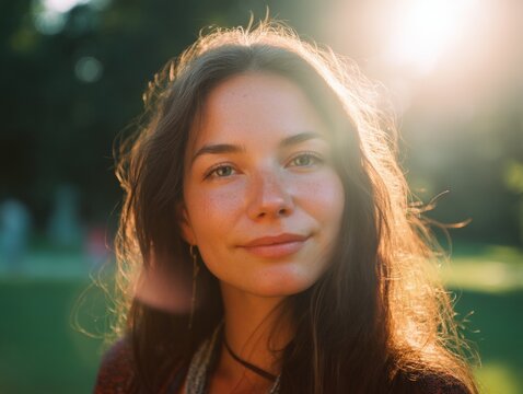 Portrait of a young woman bathed in golden hour sunlight in an outdoor setting