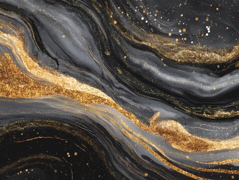 Swirling metallic gold and dark gray marbled abstract background